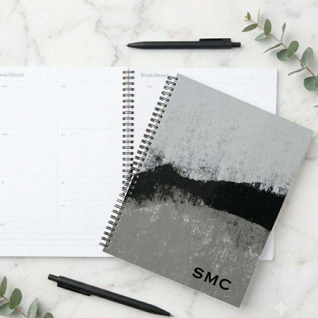 Minimalist Black and Grey Brushed Abstract Planner (Sleek black and grey abstract planner for professionals to stay organized and stylish.)