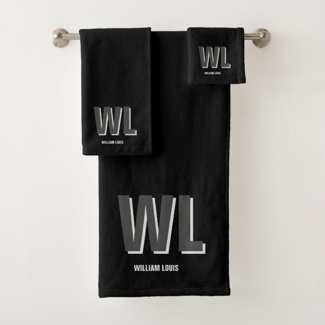 Minimalist Black and Grey Personalised Monogram  Bath Towel Set (Insitu)
