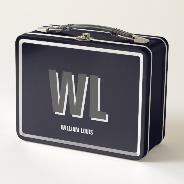 Minimalist Black and Grey Personalised Monogram  Metal Lunch Box (Front)