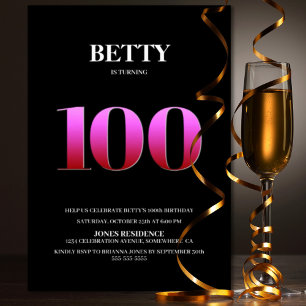 Minimalist Black and Pink 100th Birthday Party Invitation