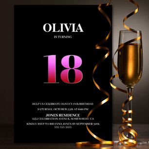 Minimalist Black and Pink 18th Birthday Party Invitation