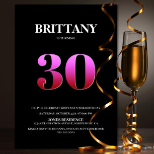 Minimalist Black and Pink 30th Birthday Party Invitation