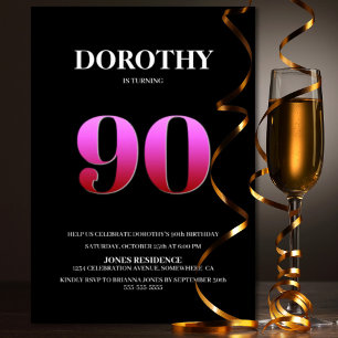Minimalist Black and Pink 90th Birthday Party Invitation