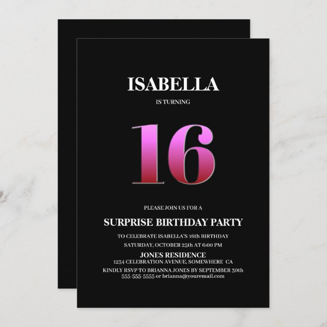 Minimalist Black and Pink Surprise 16th Birthday Invitation (Front/Back)