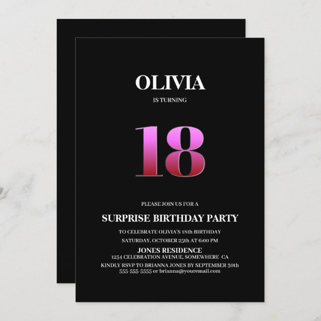 Minimalist Black and Pink Surprise 18th Birthday Invitation (Front/Back)