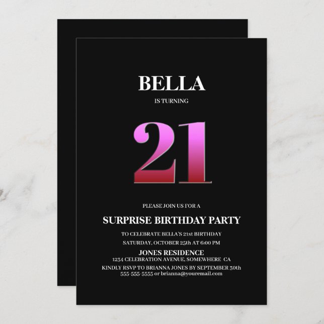 Minimalist Black and Pink Surprise 21st Birthday Invitation (Front/Back)