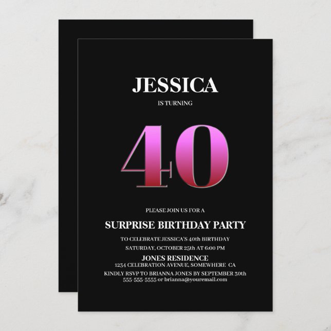 Minimalist Black and Pink Surprise 40th Birthday Invitation (Front/Back)