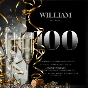 Minimalist Black and Silver 100th Birthday Party Invitation