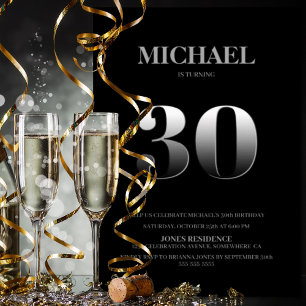 Minimalist Black and Silver 30th Birthday Party Invitation