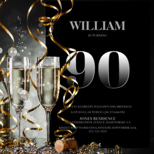 Minimalist Black and Silver 90th Birthday Party Invitation