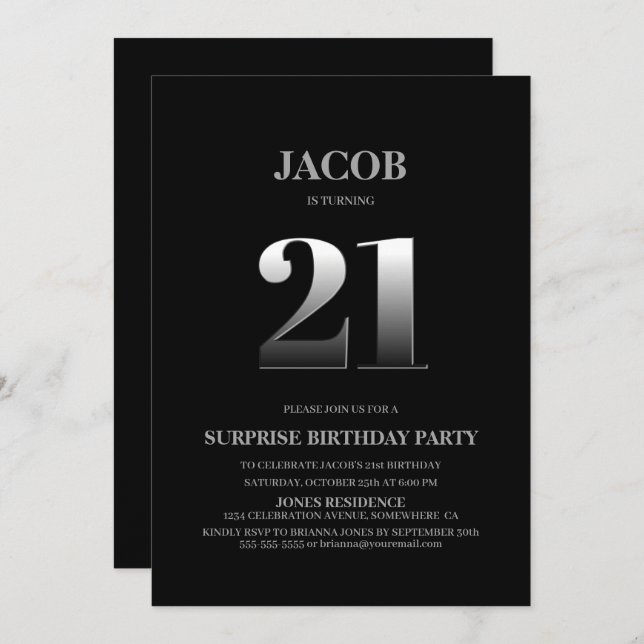 Minimalist Black and Silver Surprise 21st Birthday Invitation (Front/Back)
