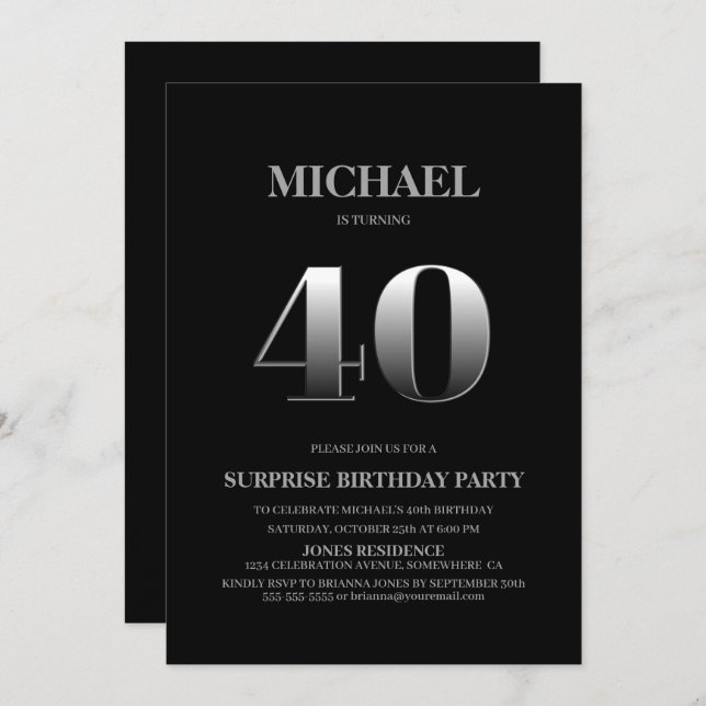 Minimalist Black and Silver Surprise 40th Birthday Invitation (Front/Back)