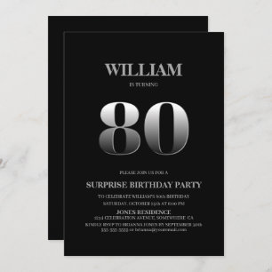 Minimalist Black and Silver Surprise 80th Birthday Invitation