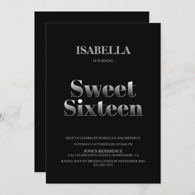 Minimalist Black and Silver Sweet 16 Birthday Invitation (Front/Back)