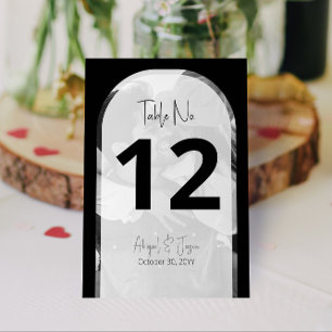 💍 Minimalist Black and White Arched Photo Wedding Table Number