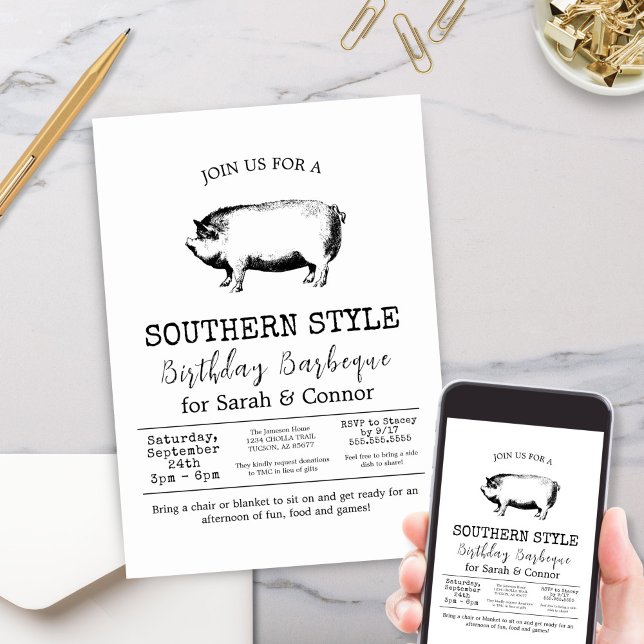 Minimalist Black and White BBQ Pig Roast Party Invitation (Minimal Black and White Vintage Rustic Farmhouse Whole Pig Barbeque Party Invitations)