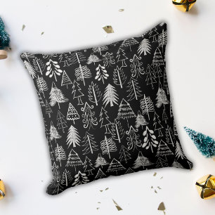 Minimalist Black and White Chalk Christmas Trees Cushion
