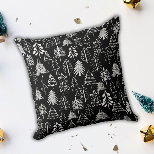 Minimalist Black and White Chalk Christmas Trees  Cushion (Creator Uploaded)