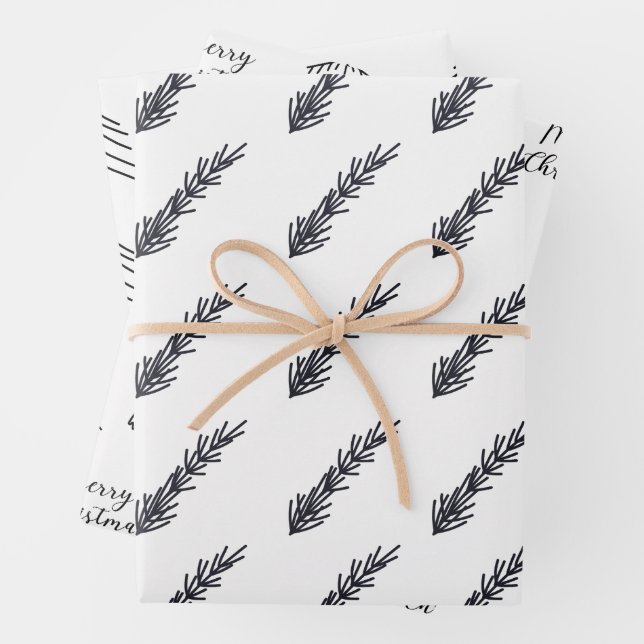 Minimalist Black And White Christmas Pine Tree Wrapping Paper Sheet (In situ)