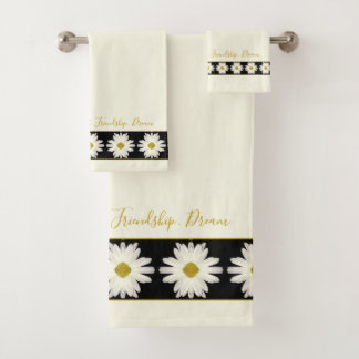 Minimalist Black and White Cream Daisy Floral Bath Towel Set