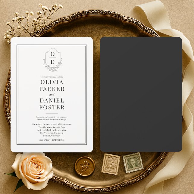 Minimalist Black and White Crest Wedding Invitation (Creator Uploaded)