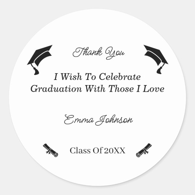 Minimalist Black And White Customised Graduation Classic Round Sticker (Front)
