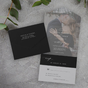 Minimalist black and white dark photo wedding all in one invitation