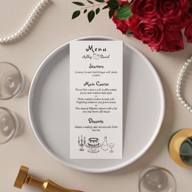 Minimalist Black and White Doodle Wedding Dinner Menu (Minimalist Black and White Doodle Wedding Dinner Menu)