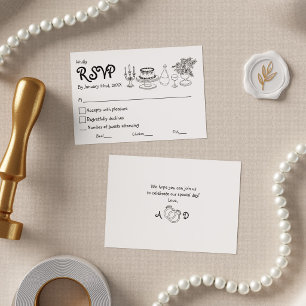 Minimalist Black and White Doodle Wedding RSVP Card