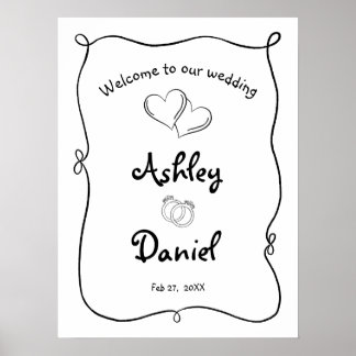 Minimalist Black and White Doodle Wedding Welcome Poster