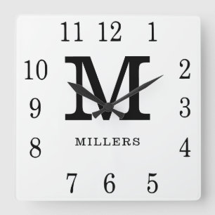 Minimalist Black And White Family Name Monogrammed Square Wall Clock