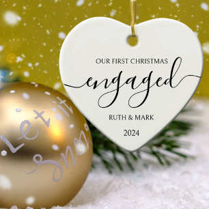 Minimalist Black and White First Christmas Engaged Ceramic Tree Decoration