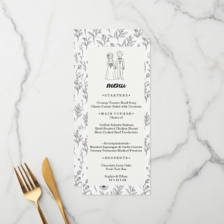 Minimalist Black and White Floral Line Art Wedding Menu