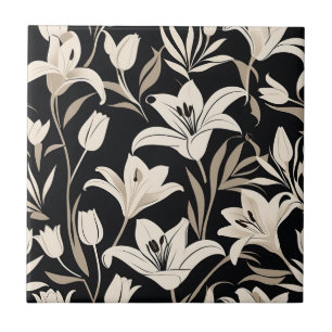 Minimalist Black and White Floral Pattern Tile