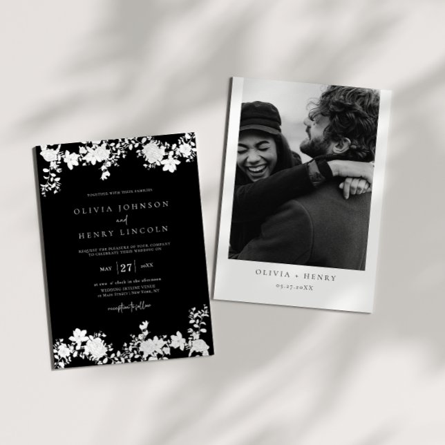 Minimalist Black and White Floral Wedding Photo Invitation (Creator Uploaded)
