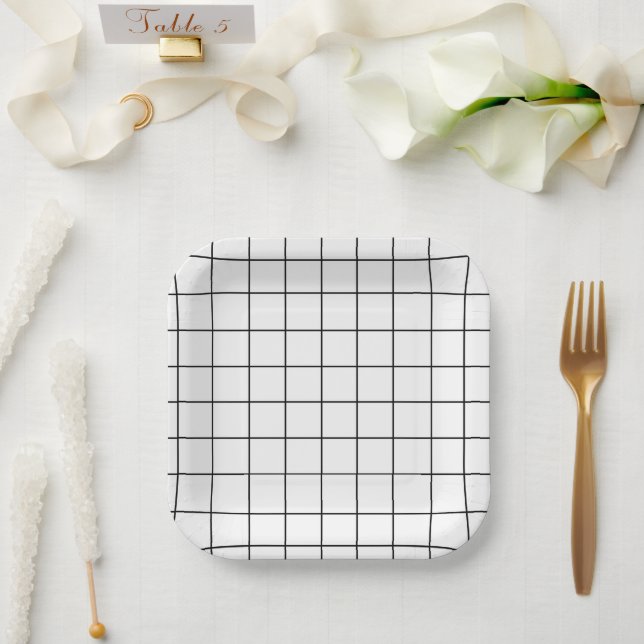 Minimalist Black And White Grid Paper Plate (Wedding)