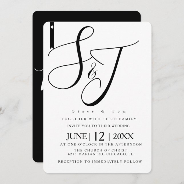 Minimalist Black and White Heart Monogrammed  Invitation (Front/Back)