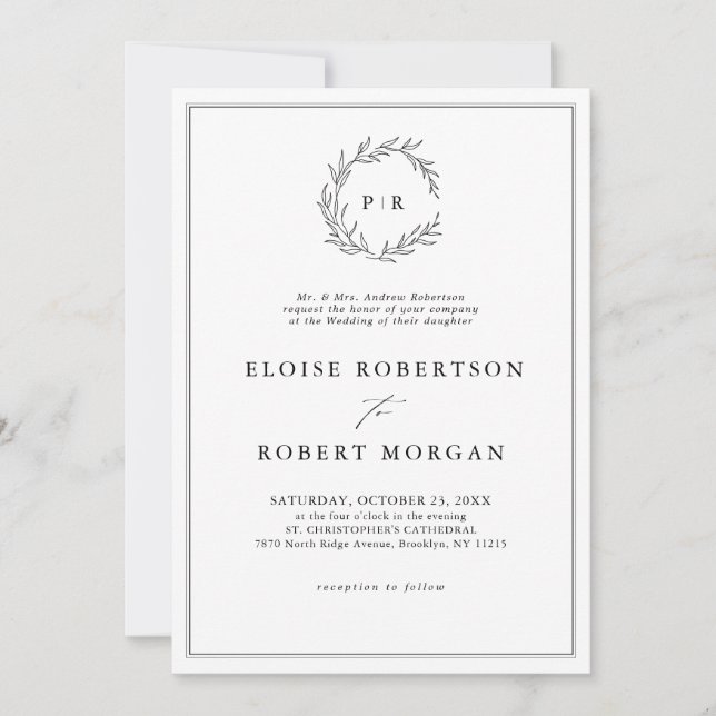 Minimalist Black and White Leaf Modern Wedding     Invitation (Front)