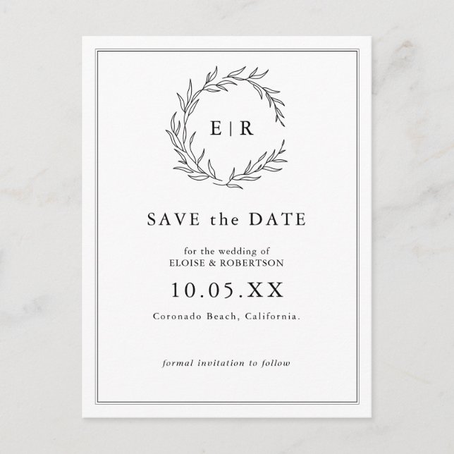 Minimalist Black and White Leaf Modern Wedding Postcard (Front)