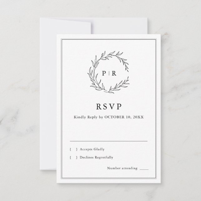 Minimalist Black and White Leaf Modern Wedding RSVP Card (Front)