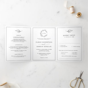 Minimalist Black and White Leaf Modern Wedding Tri-Fold Announcement