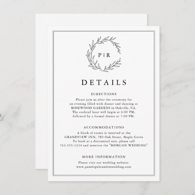 Minimalist Black and White Leaf  Wedding Details  Enclosure Card (Front/Back)
