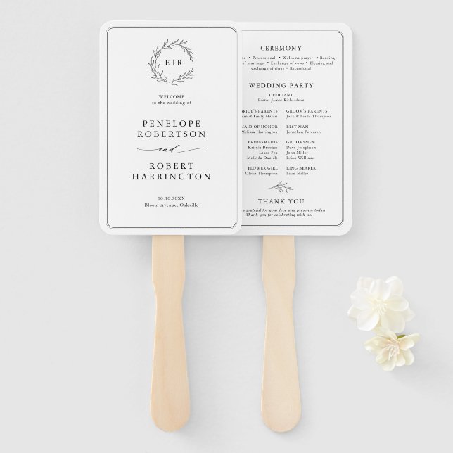 Minimalist Black and White Leaf  Wedding Program Hand Fan (Front and Back)