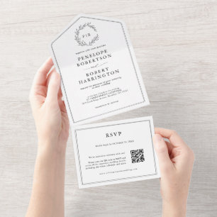 Minimalist Black and White Modern QR Code Wedding  All In One Invitation