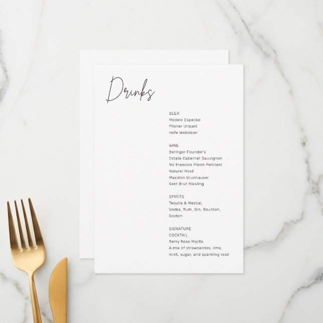 Minimalist Black and White Modern Wedding Drinks Menu (Front/Back In Situ)