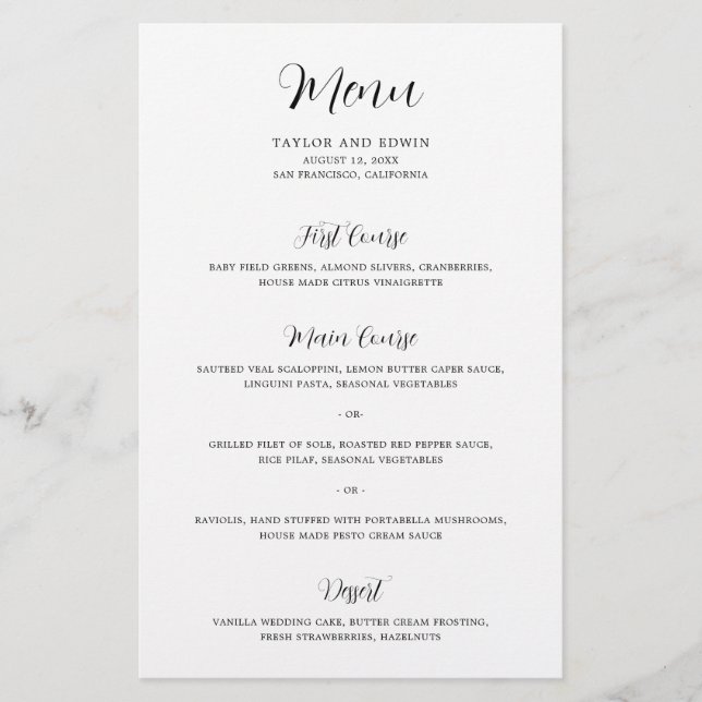 Minimalist Black and White Modern Wedding Menu (Front)