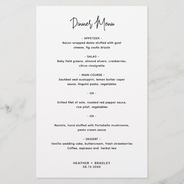 Minimalist Black and White Modern Wedding Menu (Front)