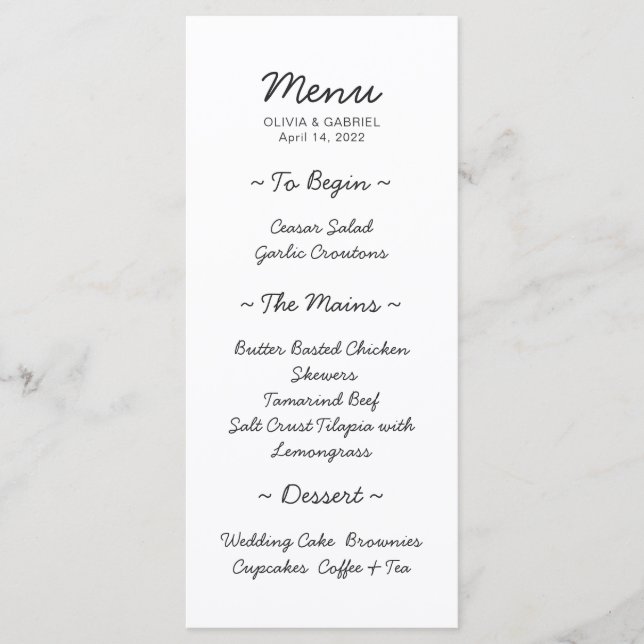 Minimalist black and white modern wedding Menu (Front)