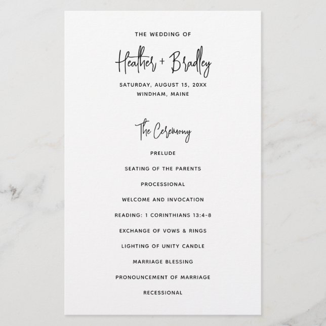 Minimalist Black and White Modern Wedding Program (Front)