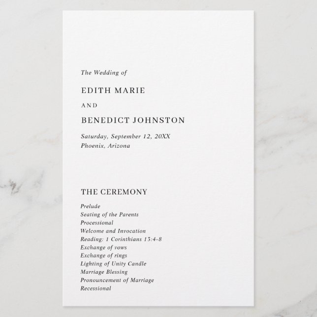 Minimalist Black and White Modern Wedding Program Flyer (Front)